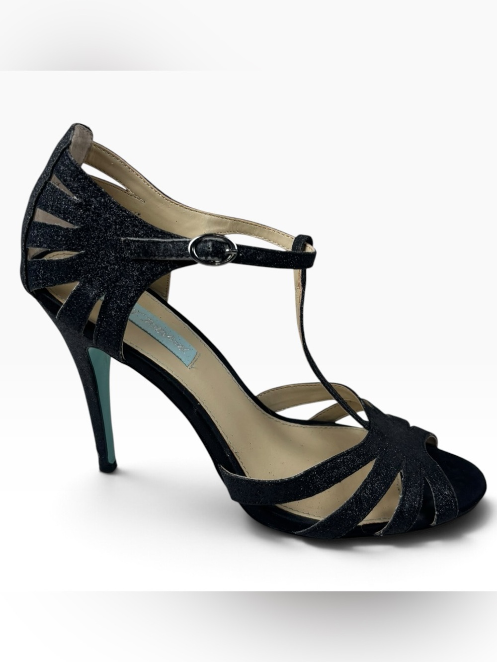 Blue by Betsey Johnson SB-Tee Black Glitter T-Strap Peep Toe Stilettos Women’s 8